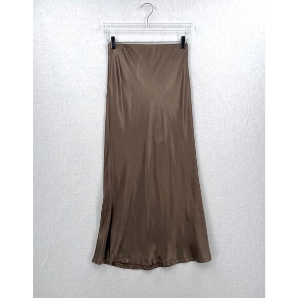 ENZA COSTA Satin Bias Cut Skirt Womens Small 1 Shiitake Brown Midi Pull on Slip - Picture 5 of 16